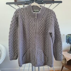 Aran Craft of Ireland Hand-Knit Cable Zip-Up Sweater Jacket - Gray